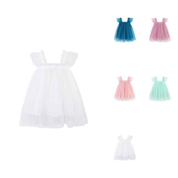 Toddler Girls' Sleeveless Mesh Tutu Dress with Fly Sleeves, Holiday Party Princess Sundress with Soft Pom and Flower Tulle