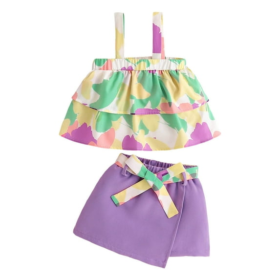 Toddler Girls Sleeveless Prints Ruffles T Shirt Tops Skirts Vest Outfits Purple 3 Years-4 Years