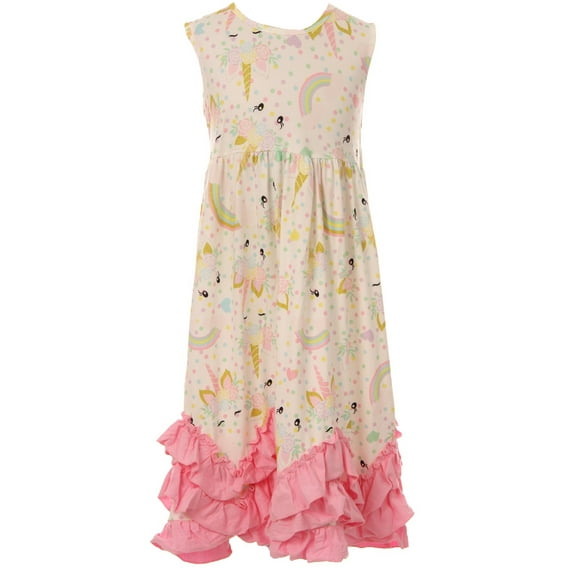 Toddler Girls Sleeveless Unicorn Polka Dot Ruffles Holiday Flower Girl Dress Off White 2T XS (P202369P)