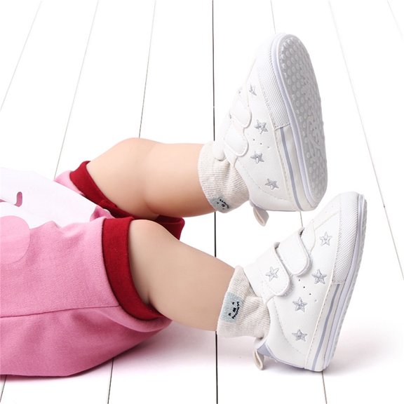 Toddler Girls Sneakers Infant First Walking Slip on Lightweight Soft Sole Baby Canvas Tennis Shoes Adjustable Hook Loop Closure Sneakers Silver Size 5 Infant