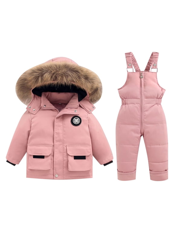 Toddler Girls Snowsuit 2 Piece Ski Suit Insulated Down Coat Hooded Puffer Jacket and Snow Pants Snow Clothes for Kids
