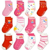 Toddler Girls Socks, 12 Pack Non Slip Breathable Crew Socks with Grips for 0-7 Years Kids