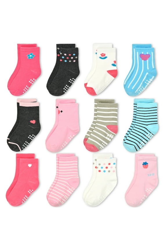 Toddler Girls Socks, 12 Pack Non Slip Breathable Crew Socks with Grips for 0-7 Years Kids