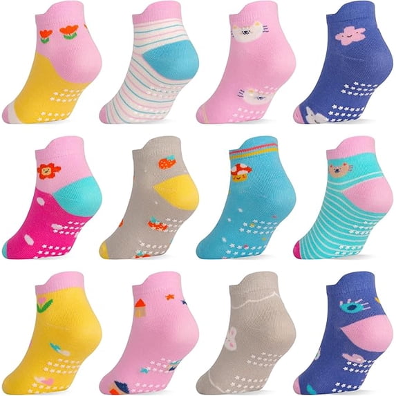Toddler Girls Socks with Grips Baby Anti Slip Ankle Socks 12 Pairs Kids Cute Cartoon Patterns Sock for 6M-7 Years