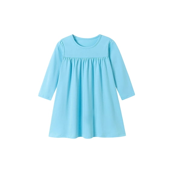 Toddler Girls Solid Color Long Sleeve Swing Dress, Crew Neck Gathered Chest A-Line Casual Kids Dress, European Style Soft Outfit for Spring Autumn Daily School Outdoor(Sky Blue,6-7 Years)