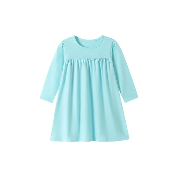 Toddler Girls Solid Color Long Sleeve Swing Dress, Crew Neck Gathered Chest A-Line Casual Kids Dress, European Style Soft Outfit for Spring Autumn Daily School Outdoor(Light Blue,3-4 Years)
