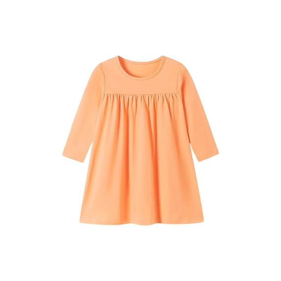 Toddler Girls Solid Color Long Sleeve Swing Dress, Crew Neck Gathered Chest A-Line Casual Kids Dress, European Style Soft Outfit for Spring Autumn Daily School Outdoor(Orange,6-7 Years)