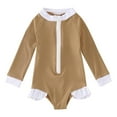 thumbnail image 1 of Toddler Girls Solid Color Ribbed One Piece Swimsuit Long Sleeve Ruffle Trim Bathing Suit Kids Vertical Striped Rash Guard Monokini Beachwear Outfits 2-7Y, 1 of 5