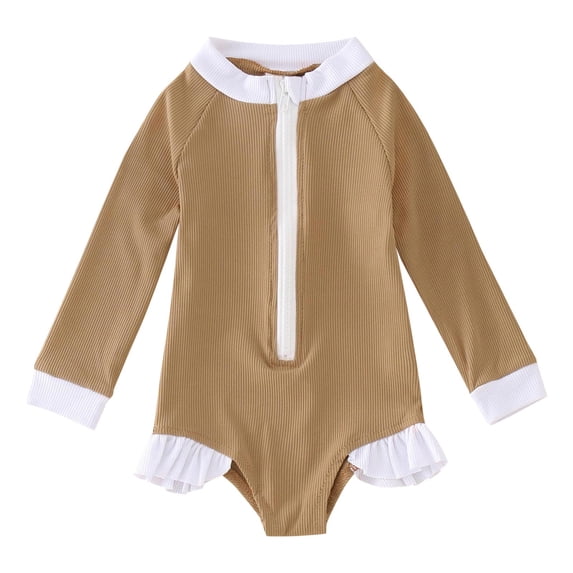 Toddler Girls Solid Color Ribbed One Piece Swimsuit Long Sleeve Ruffle Trim Bathing Suit Kids Vertical Striped Rash Guard Monokini Beachwear Outfits 2-7Y