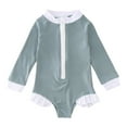 thumbnail image 1 of Toddler Girls Solid Color Ribbed One Piece Swimsuit Long Sleeve Ruffle Bathing Suit Kids Vertical Striped Rash Guard Monokini Beachwear Outfits 2-7Y, 1 of 5