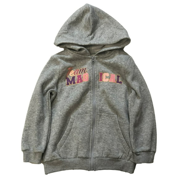 Toddler Girls Sparkly Gray & Pink Team Magical Hoodie Zip-Up Sweatshirt 3T