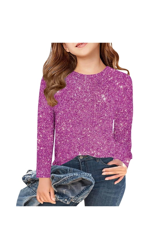 Toddler Girls Sparkly Sequin Tops Long Sleeve Sparkly Glitter Party Crewneck Shirts Spring Summer Fashion Tees Tops 3-14 Years