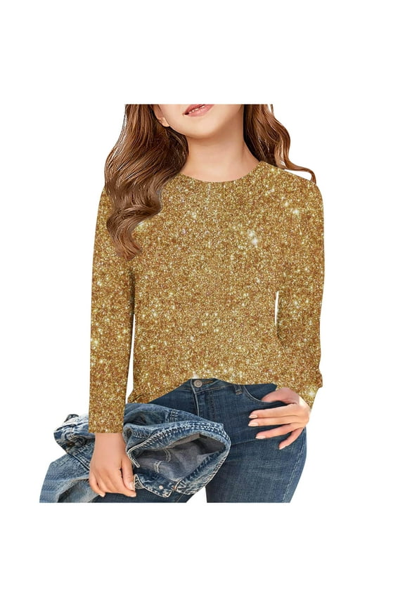 Toddler Girls Sparkly Sequin Tops Long Sleeve Sparkly Glitter Party Crewneck Shirts Spring Summer Fashion Tees Tops 3-14 Years