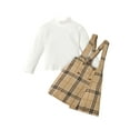 thumbnail image 1 of Toddler Girls Spring 2Pcs Outfit Solid Color Ribbed Long Sleeve Mock Neck Tops Button Suspender Plaid Print Skirt Set, 1 of 7