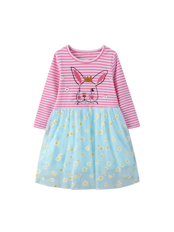 Toddler Girls Spring Dresses Long Sleeved Easter Bunny Print Dresses Girls Size 3T