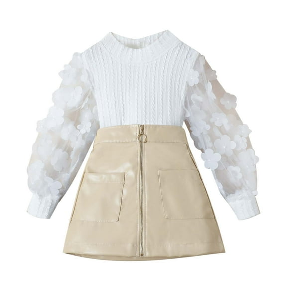 Toddler Girls Spring Fall Fashion Crew Neck Tops and Zip Up PU Skirt 2PCS Outfit Set White 18 Months-24 Months