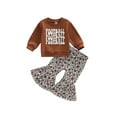 thumbnail image 1 of Toddler Girls Spring Outfit Sets Brown Long Sleeve Letter Print Pullover + Rugby Print Flared Pants 2 Piece, 1 of 8