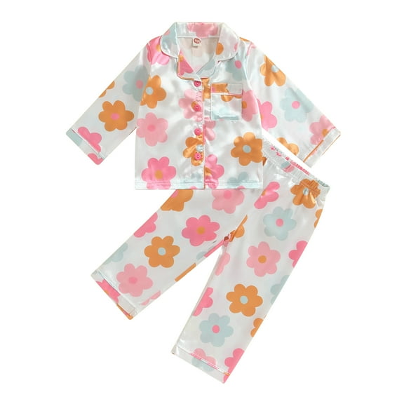 Toddler Girls Spring Pajamas 12M 18M 24M 3Y 4Y 5Y  Flower Print Long Sleeve Lapel Button Closure Tops + Elastic Waist Pants Sleepwear