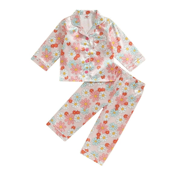 Toddler Girls Spring Pajamas 12M 18M 24M 3Y 4Y 5Y  Flower Print Long Sleeve Lapel Button Closure Tops   Elastic Waist Pants Sleepwear
