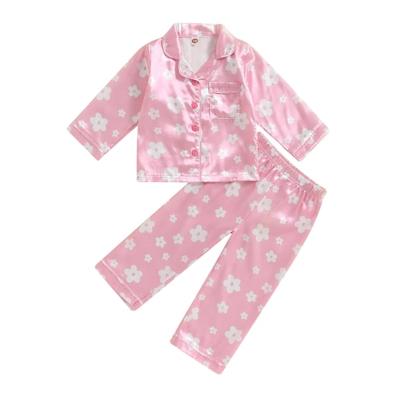 Toddler Girls Spring Pajamas, Flower Print Long Sleeve Lapel Button Closure Tops + Elastic Waist Pants Sleepwear, 1-5Years