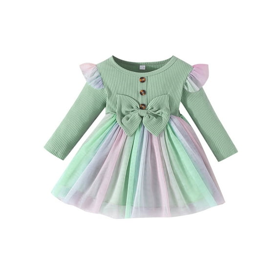Toddler Girls Spring Princess Dress Long Sleeve Ruffle Tulle Patchwork Dress with Bow Decor