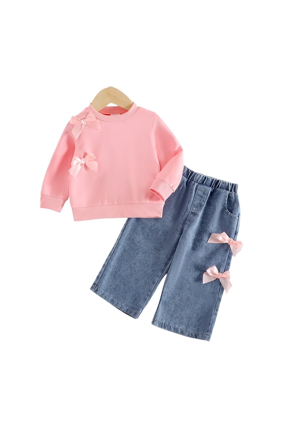 Toddler Girls Spring Sweatsuit Baby Bow Knot Sweatshirt and Denim Pants Outfits Fall Cute Warm Casual ??racksuit