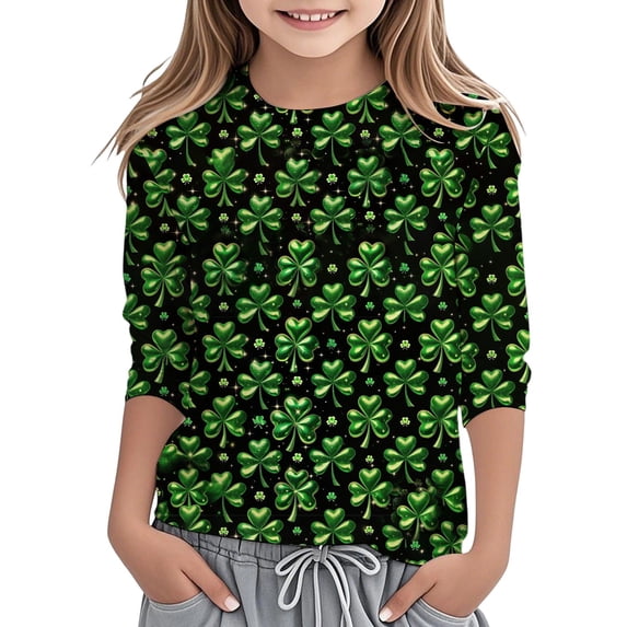 Toddler Girls St Patricks Day Tee Shirt Long Sleeve Crewneck Graphic Print Casual Top Kids Clothes
