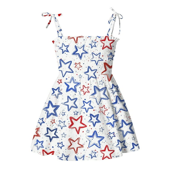 Toddler Girls Star Print 4th of July Patriotic Dress Sleeveless Strap Ruffle Short Dresses Baby Summer Skirts Clothes