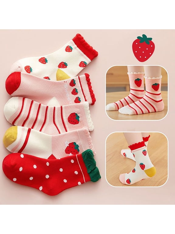 Toddler Girls Strawberry Printed Ankle Socks 5 Pairs Pack Ruffle Frill Cuff Soft Cotton Seamless Toe Breathable Stripe Polka Dot Casual Kids Socks for Baby Girls 1 To 7 Years Old K 8