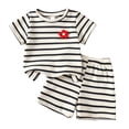 thumbnail image 1 of Toddler Girls Striped Knit 2 Piece Summer Outfits Breathable Crew Neck Short Sleeve Top with Flower Elastic Waist Shorts Black, 1 of 7