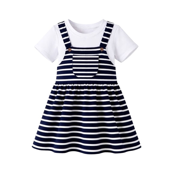 HILEELANG 2-8T Toddler/Little Girls Navy Ivory Stripe 100% Cotton Dress Size 5