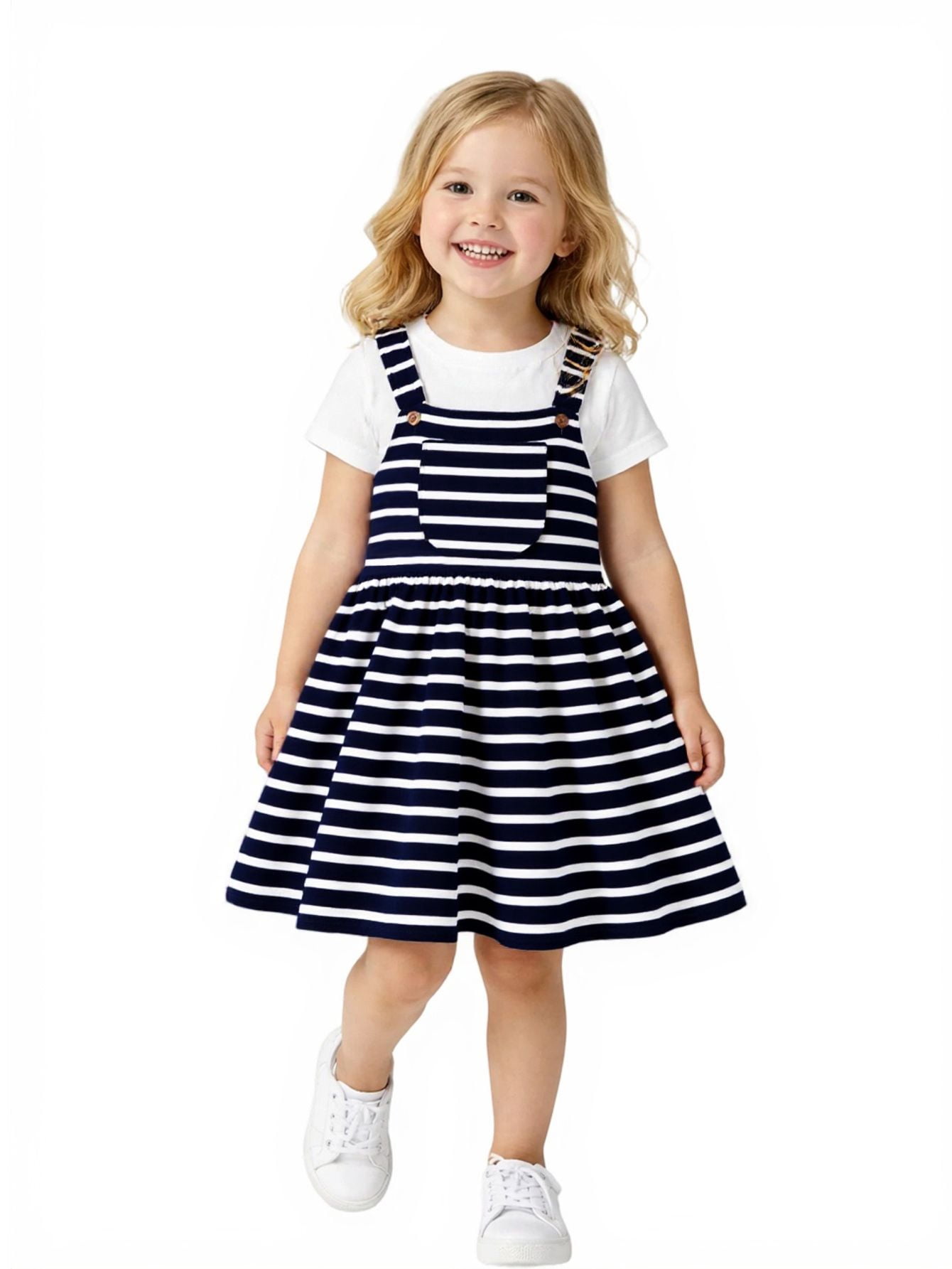 Hileelang 2-8t Toddler/Little Girls Navy Ivory Stripe 100% Cotton Dress Size 8, Toddler Girl's