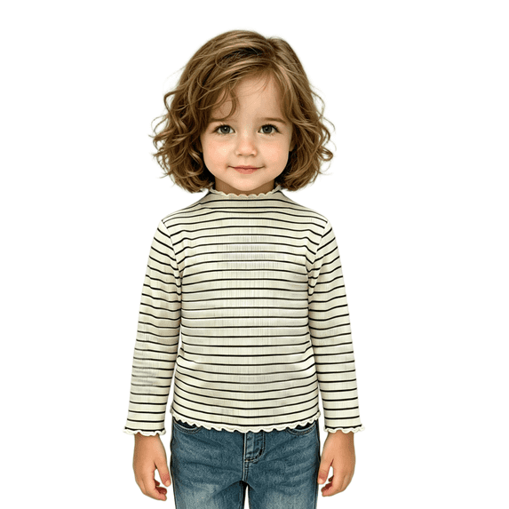 Toddler Girls Striped Long Sleeve Cotton Tops Mock Neck Ruffle Trim Cute Casual Fall Basic Layering Tee Black 3-6 Months