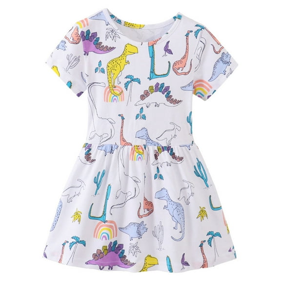 Toddler Girls Stylish Dress Short Sleeve Funny Dinosaur Fun Cute Print Sweet Prom Princess Outfit Stretchy Dance Party Clothes Daily Wear Lovely Sundress
