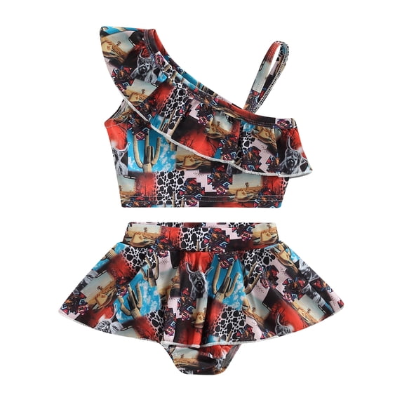 Toddler Girls Summer 2PCS Swimwear Sets One Shoulder Floral Tops + Tutu Ruffle Shorts