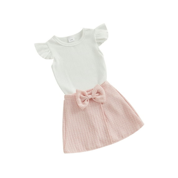 Toddler Girls Summer 2Pcs Outfit Solid Color Fly Sleeve Ribbed Tops with Bow Tweed Mini Skirt Set