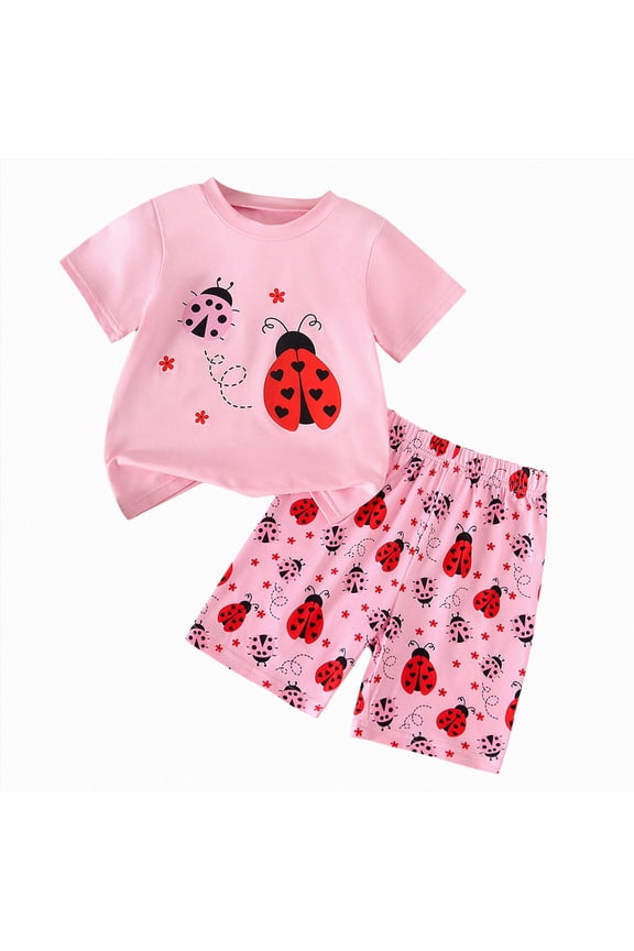 Toddler Girls Summer 2Pcs Outfits Set Cute Ladybug Print T-Shirt & Allover Ladybug Shorts Outfit Insect Theme Kids Outfit 3-4 Years