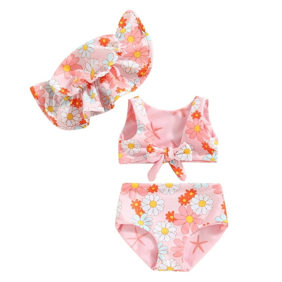Toddler Girls Summer 3PCS Swimwear Sets Sleeveless Bow Tank Tops + Floral PP Shorts + Hat