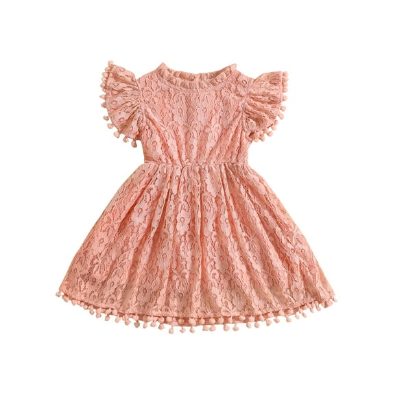Toddler Girls Summer A-line Dress Short Sleeve O Neck Lace Floral Tassel Dresses