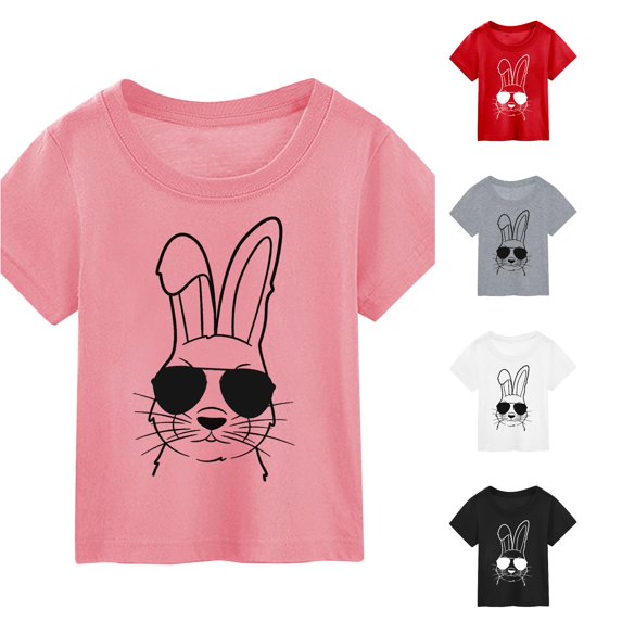 Toddler Girls Summer Casual Tops Crew Neck T Shirts Children's Easter Cartoon Bunny Print Short Sleeved T Shirt Size 1-2T ,Pink
