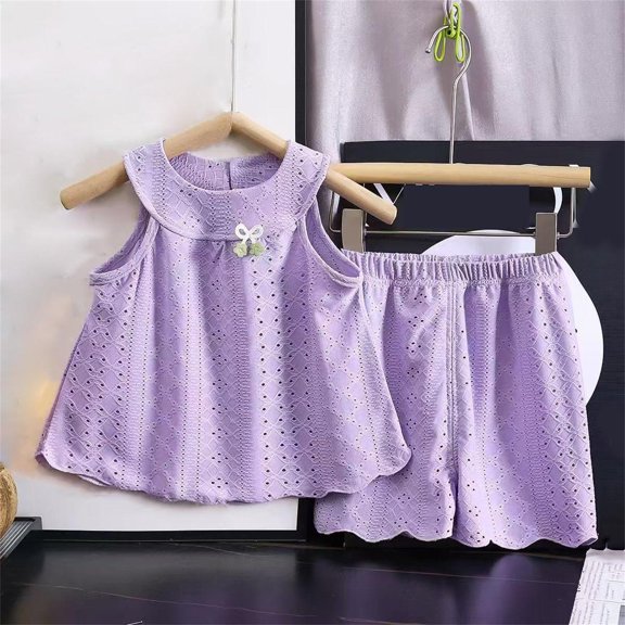 Toddler Girls Summer Clothes Eyelet Loose Halter Sleeveless Tank Top   Shorts 2 Pieces Outfits for 0-10 Years