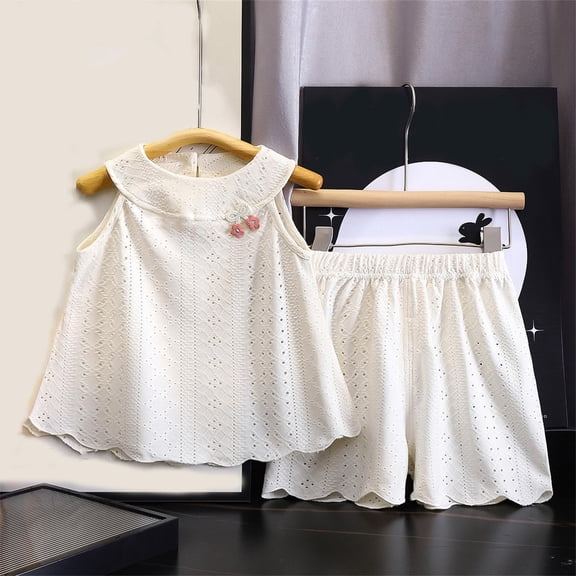 Toddler Girls Summer Clothes Eyelet Loose Halter Sleeveless Tank Top   Shorts 2 Pieces Outfits for 0-10 Years