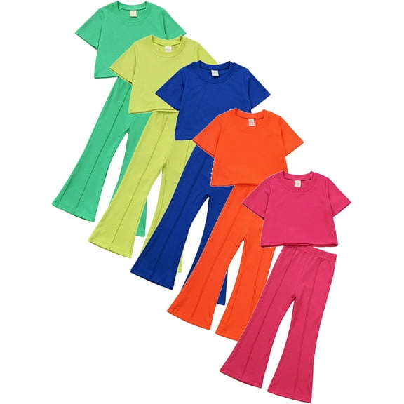 Toddler Girls Summer Clothes Sets Casual Suit Short Sleeve T-Shirt Bell Bottom Flared Pants 1-10 Years