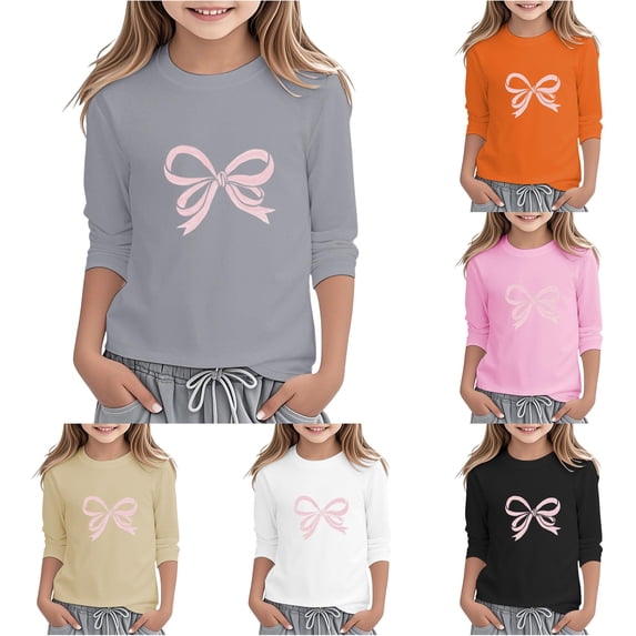 Toddler Girls Summer Cute Tops 3/4 Sleeve Round Neck Bow Graphic Print Casual Top Size 3-4T , Gray