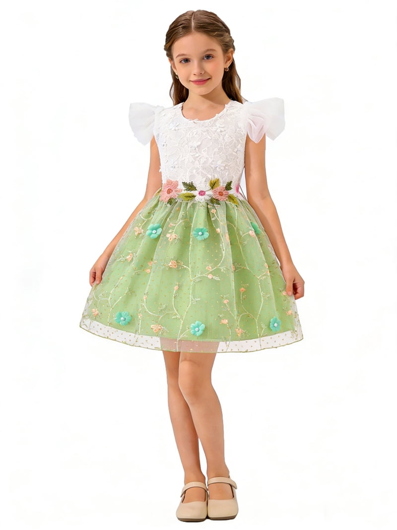 Sytepopcy Flower Girl Dresses for Wedding Tulle Princess Pageant Birthday Party Gown with Sequined Mesh & Bowknot Belt Party Princess Outfit for 7-8