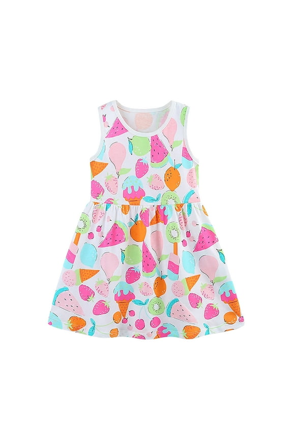 Toddler Girls Summer Dress Cartoon Fruit Printed Sleeveless Cute Round Neck Princess Dress Children's Clothes,Size 6-7 Years