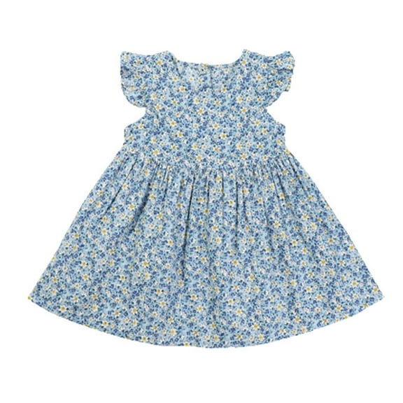 Toddler Girls Summer Dress Round Neck Sleeveless Fly Ruffles Sleeve Wide Hem Floral Long Dress Daily Casual Dress