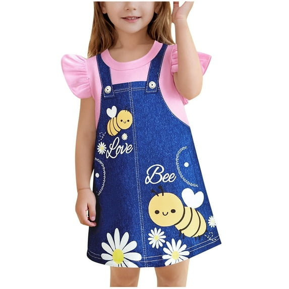 Toddler Girls Summer Dress Ruffle Sleeve Sundress Bee Flower Print Dresses Outfit for Kids 6month-3T