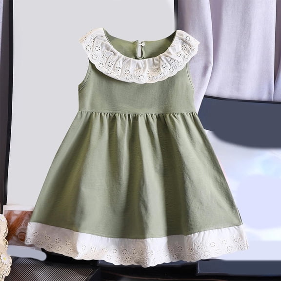 Toddler Girls Summer Dress Sleeveless Sundress Ruffle Neckline Casual Dress for 0-10 Years