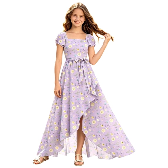 Toddler Girls Summer Dress Teen Elegant Floral Dress with Flowing Ruffle Trim for Or Party Dresses 5-6 Years